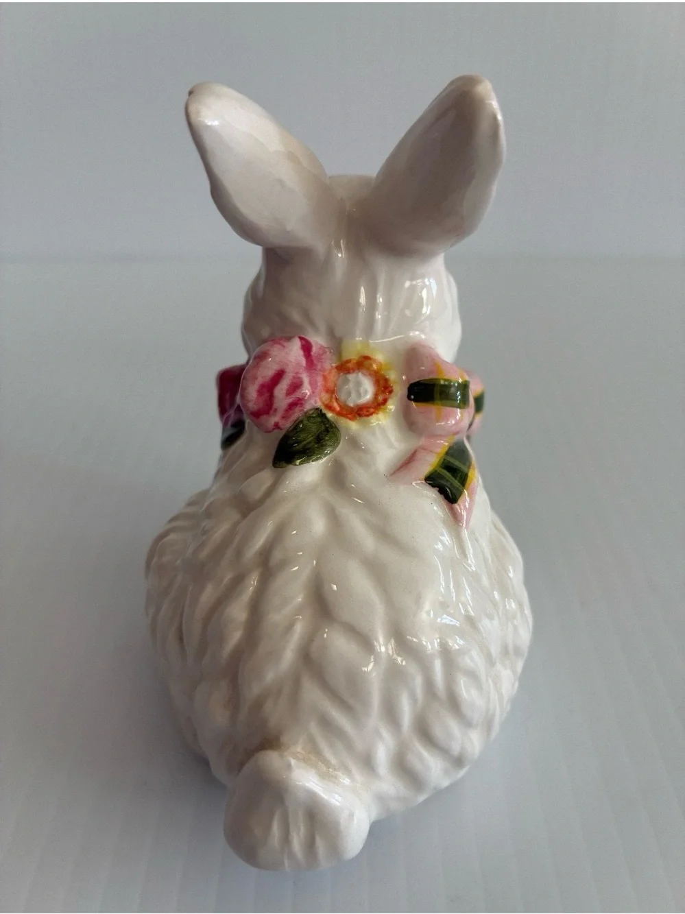 Y2K White Ceramic Bunny Pink Bow Floral Sitting Small Figurine Farmhouse Cottage
